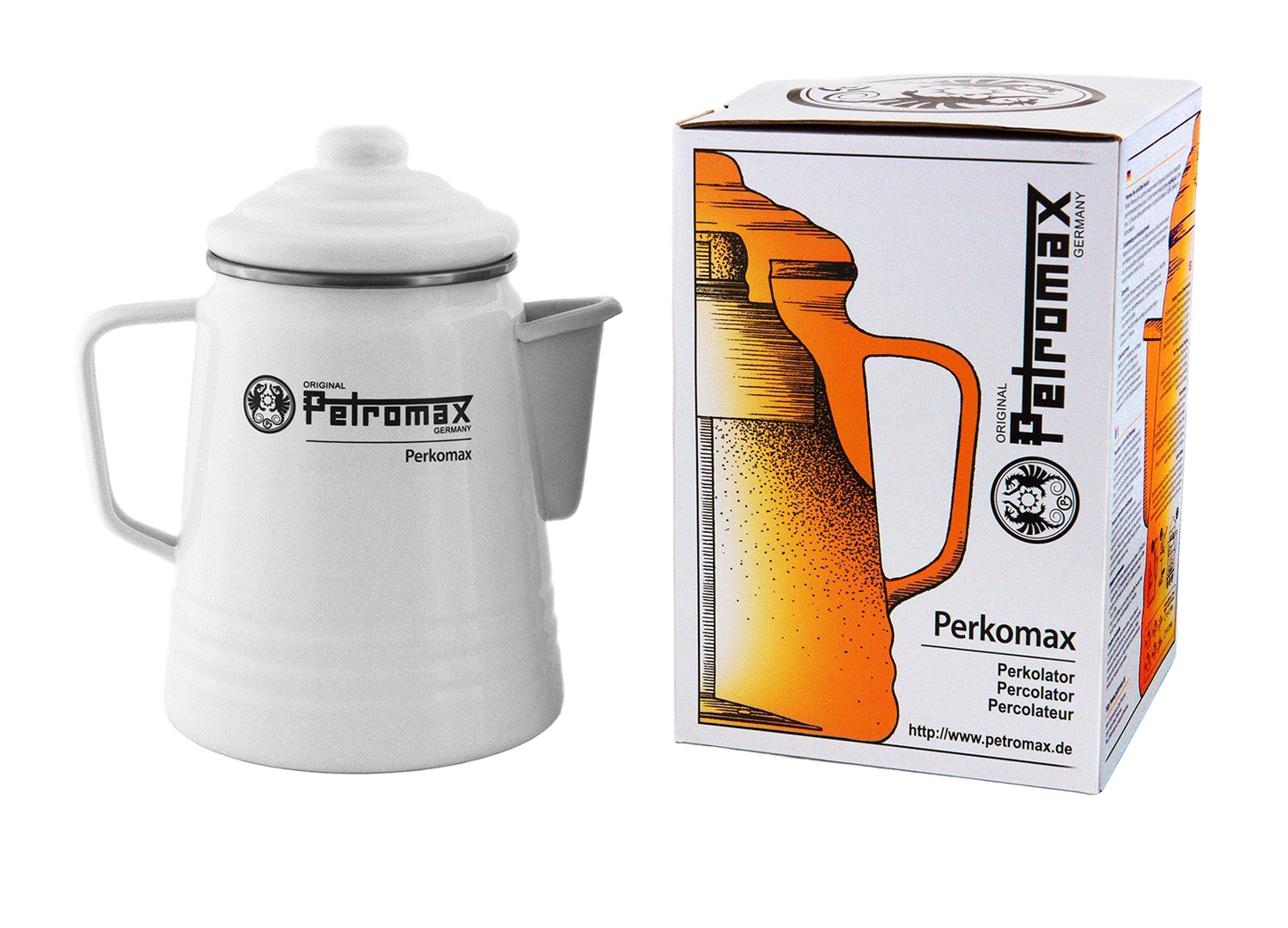White enameled steel percolator with spout and handle next to its packaging box featuring an illustrated design, suitable for brewing coffee or tea, featured in Farm, Garden & Tool, Kitchen & Food, Camping, Brewing Coffee and Tea, Best Sellers, and Promo Eligible collections.