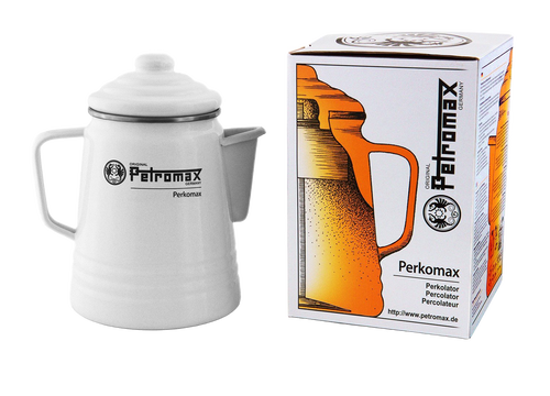 White enameled steel percolator with spout and handle next to its packaging box featuring an illustrated design, suitable for brewing coffee or tea, featured in Farm, Garden & Tool, Kitchen & Food, Camping, Brewing Coffee and Tea, Best Sellers, and Promo Eligible collections.