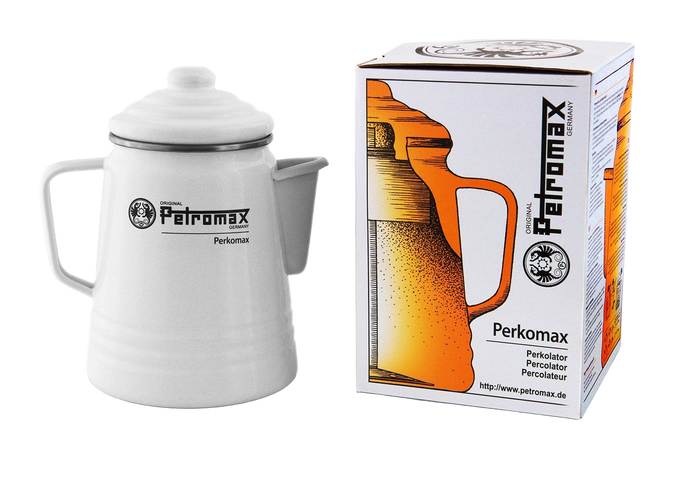 White enameled steel percolator with spout and handle next to its packaging box featuring an illustrated design, suitable for brewing coffee or tea, featured in Farm, Garden & Tool, Kitchen & Food, Camping, Brewing Coffee and Tea, Best Sellers, and Promo Eligible collections.