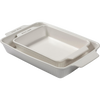 Set of two handcrafted stoneware baking dishes in cream color, featuring handles and subtle ribbed texture, ideal for Kitchen & Food, Cookware, and Baking Supplies collections.