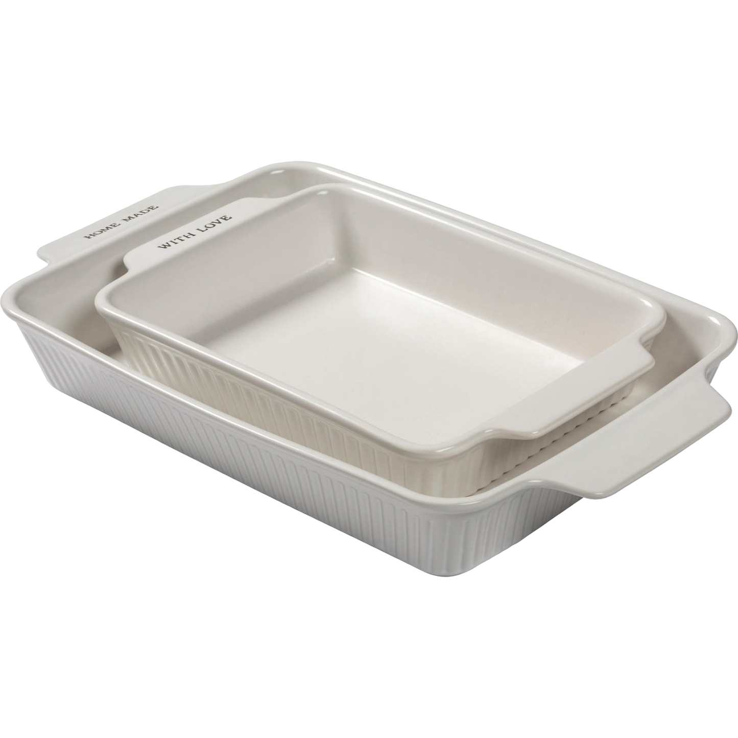 Set of two handcrafted stoneware baking dishes in cream color, featuring handles and subtle ribbed texture, ideal for Kitchen & Food, Cookware, and Baking Supplies collections.