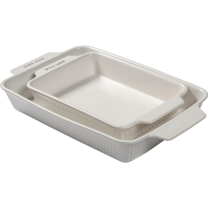 Set of two handcrafted stoneware baking dishes in cream color, featuring handles and subtle ribbed texture, ideal for Kitchen & Food, Cookware, and Baking Supplies collections.