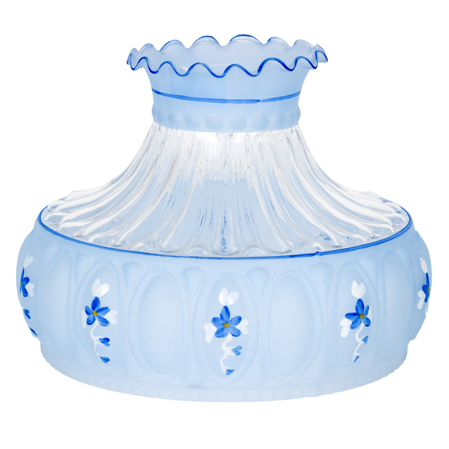 Blue Meadow glass oil lamp shade with delicate floral accents and ruffled top edge, designed to soften light for Aladdin lamps, featured in Lamps & Lighting and Best Sellers.