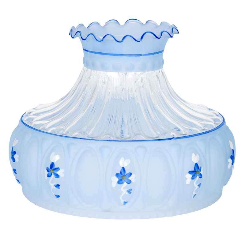 Blue Meadow glass oil lamp shade with delicate floral accents and ruffled top edge, designed to soften light for Aladdin lamps, featured in Lamps & Lighting and Best Sellers.
