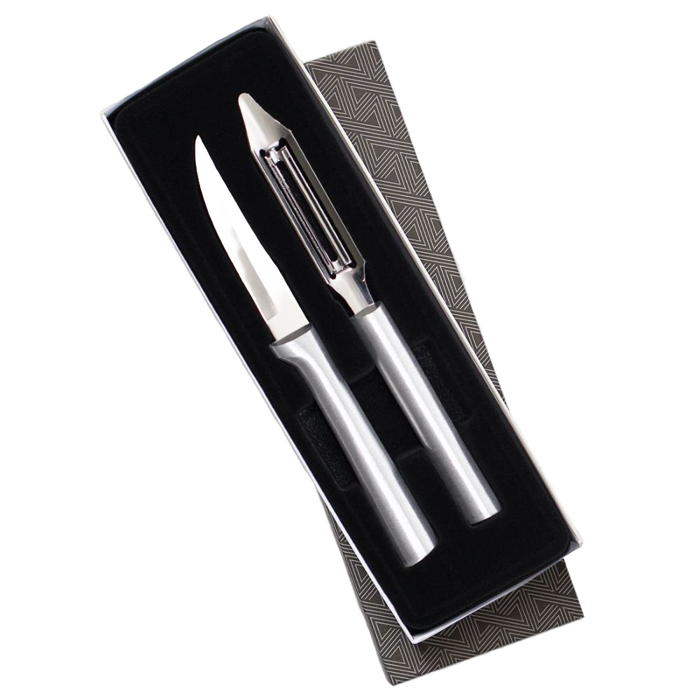 Set of two stainless steel kitchen tools featuring a heavy-duty paring knife and vegetable peeler with sleek handles, designed for efficient food prep, part of USA Made and Kitchen Knives collections.