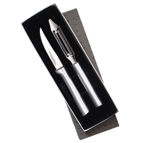 Set of two stainless steel kitchen tools featuring a heavy-duty paring knife and vegetable peeler with sleek handles, designed for efficient food prep, part of USA Made and Kitchen Knives collections.