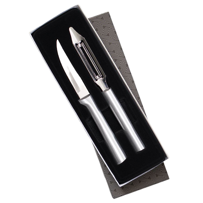 Set of two stainless steel kitchen tools featuring a heavy-duty paring knife and vegetable peeler with sleek handles, designed for efficient food prep, part of USA Made and Kitchen Knives collections.