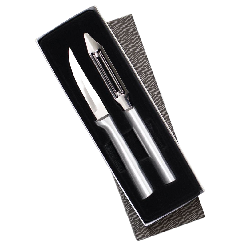 Set of two stainless steel kitchen tools featuring a heavy-duty paring knife and vegetable peeler with sleek handles, designed for efficient food prep, part of USA Made and Kitchen Knives collections.