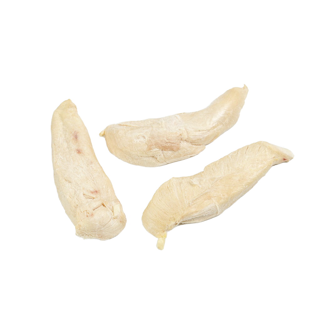 Three light beige freeze-dried chicken tenders with a dry texture, representing long-lasting food ideal for Kitchen & Food, Freeze Dried, USA Made, and Best Sellers collections.