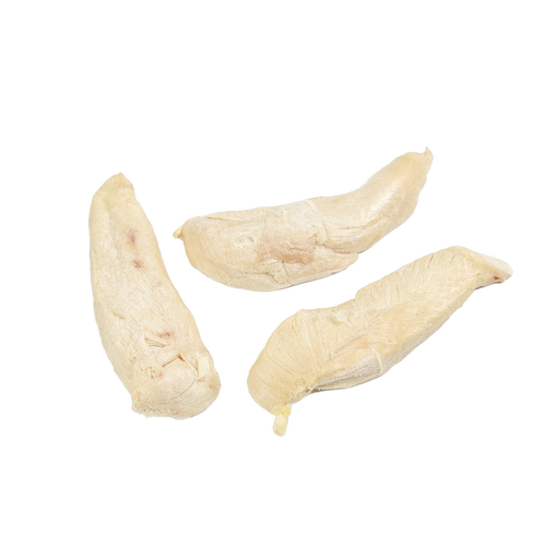 Three light beige freeze-dried chicken tenders with a dry texture, representing long-lasting food ideal for Kitchen & Food, Freeze Dried, USA Made, and Best Sellers collections.