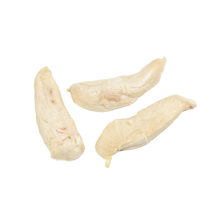 Three light beige freeze-dried chicken tenders with a dry texture, representing long-lasting food ideal for Kitchen & Food, Freeze Dried, USA Made, and Best Sellers collections.