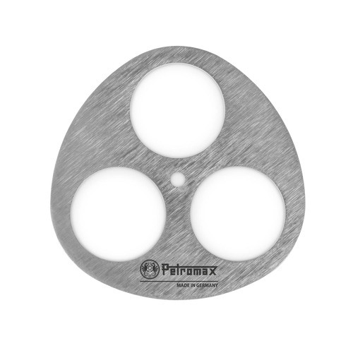 Lightweight stainless steel disc with three circular openings and engraved logo, designed as a key component for building branch tripods, ideal for Farm, Garden & Tool and Camping collections.