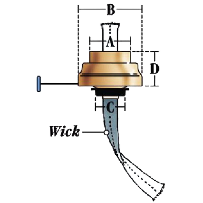Close-up illustration of an oil lantern burner replacement with labeled dimensions for wick size and fitting, designed for lamps and camping use in emergency and outdoor settings.