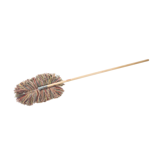 Handcrafted wool dust mop with a removable head and wooden handle, designed for natural cleaning of hardwood floors, featured in Home & Decor and USA Made collections.