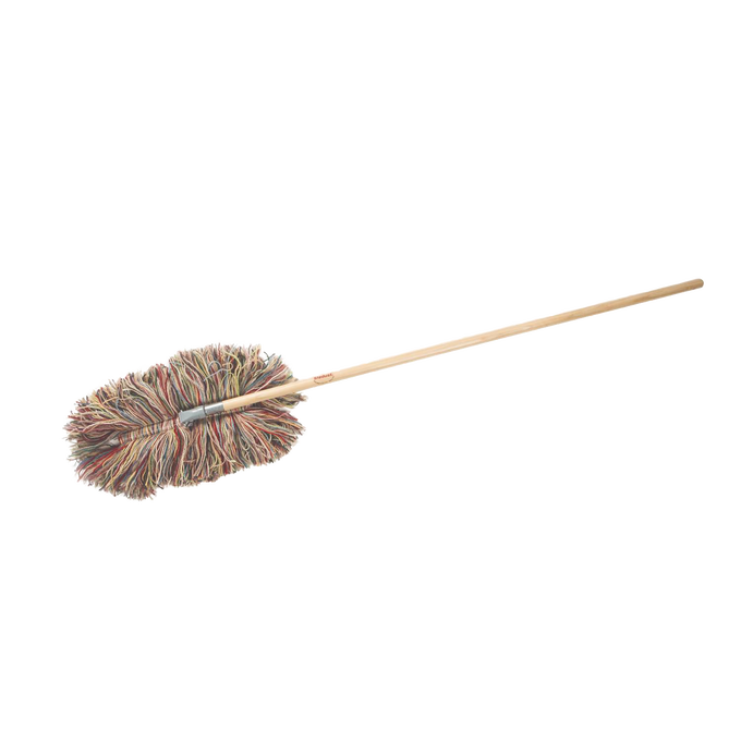 Handcrafted wool dust mop with a removable head and wooden handle, designed for natural cleaning of hardwood floors, featured in Home & Decor and USA Made collections.