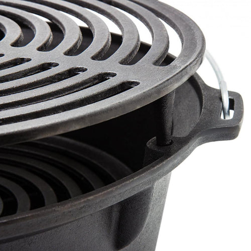 Close-up of a durable cast iron grill with adjustable grate and sturdy handle, designed for outdoor cooking in Farm, Garden & Tool, Stoves, Camping, Grilling, and Best Sellers collections.