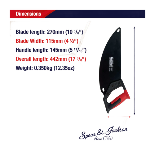 Insulation saw with a black carbon steel curved blade and red and black ergonomic handle, detailed with precise dimensions for Farm, Garden & Tool, Hand Tools and Hardware collections.