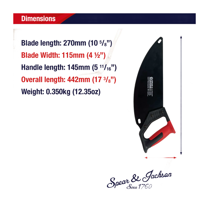 Insulation saw with a black carbon steel curved blade and red and black ergonomic handle, detailed with precise dimensions for Farm, Garden & Tool, Hand Tools and Hardware collections.