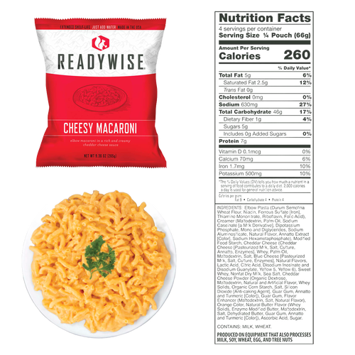 ReadyWise cheesy macaroni freeze-dried meal in a red and white pouch with nutrition facts label and a plated serving garnished with parsley, part of emergency supplies and pantry collections.