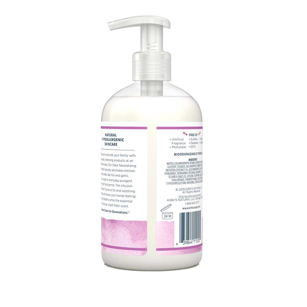 Opaque white pump bottle containing Kirk's Odor Neutralizing Hydrating Hand Wash, featuring a natural hypoallergenic formula with soothing aloe vera and coconut oil, made in the USA, ideal for Health & Wellness, Grooming, Soaps, and Best Sellers collections.