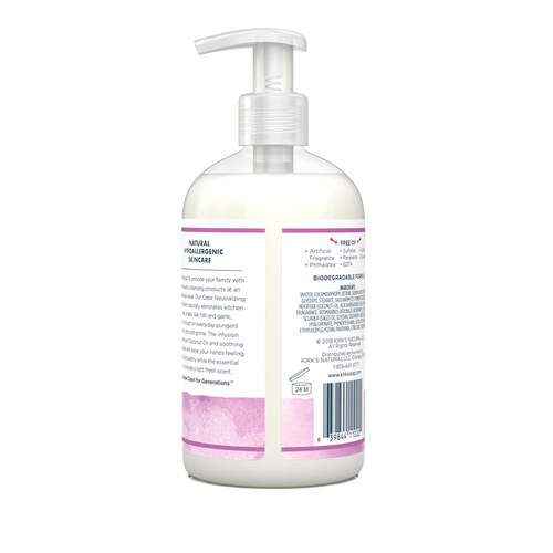 Opaque white pump bottle containing Kirk's Odor Neutralizing Hydrating Hand Wash, featuring a natural hypoallergenic formula with soothing aloe vera and coconut oil, made in the USA, ideal for Health & Wellness, Grooming, Soaps, and Best Sellers collections.