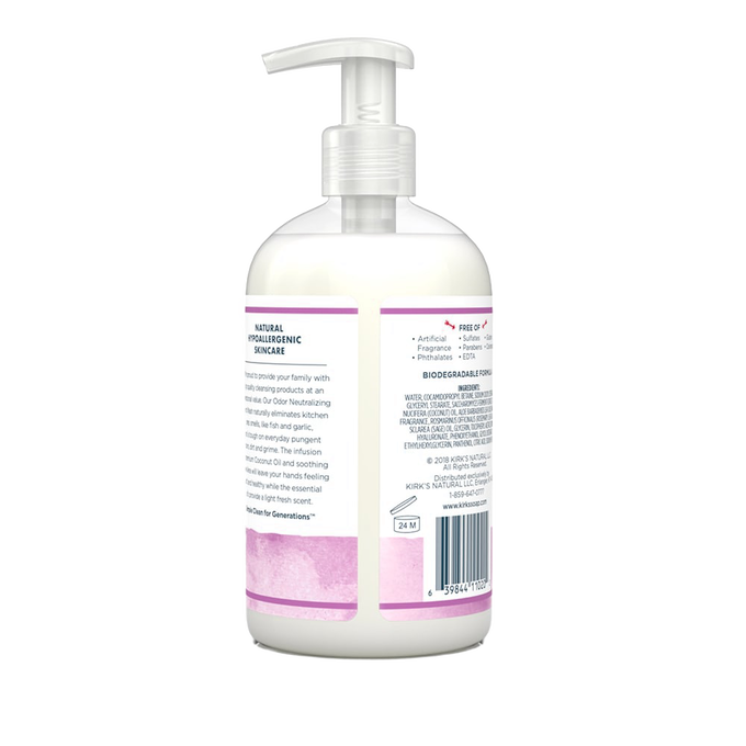 Opaque white pump bottle containing Kirk's Odor Neutralizing Hydrating Hand Wash, featuring a natural hypoallergenic formula with soothing aloe vera and coconut oil, made in the USA, ideal for Health & Wellness, Grooming, Soaps, and Best Sellers collections.