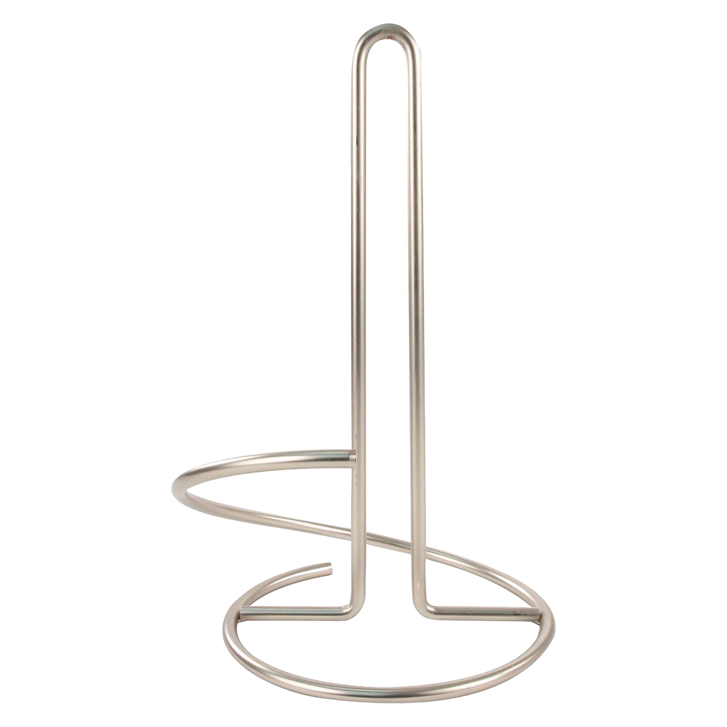 Satin nickel paper towel holder with circular base to prevent tipping and a tear arm for easy sheet removal, suitable for standard and jumbo rolls; featured in Home & Decor, Household Helpers, and Best Sellers collections.