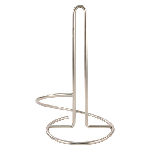Satin nickel paper towel holder with circular base to prevent tipping and a tear arm for easy sheet removal, suitable for standard and jumbo rolls; featured in Home & Decor, Household Helpers, and Best Sellers collections.