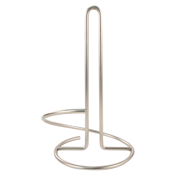 Satin nickel paper towel holder with circular base to prevent tipping and a tear arm for easy sheet removal, suitable for standard and jumbo rolls; featured in Home & Decor, Household Helpers, and Best Sellers collections.