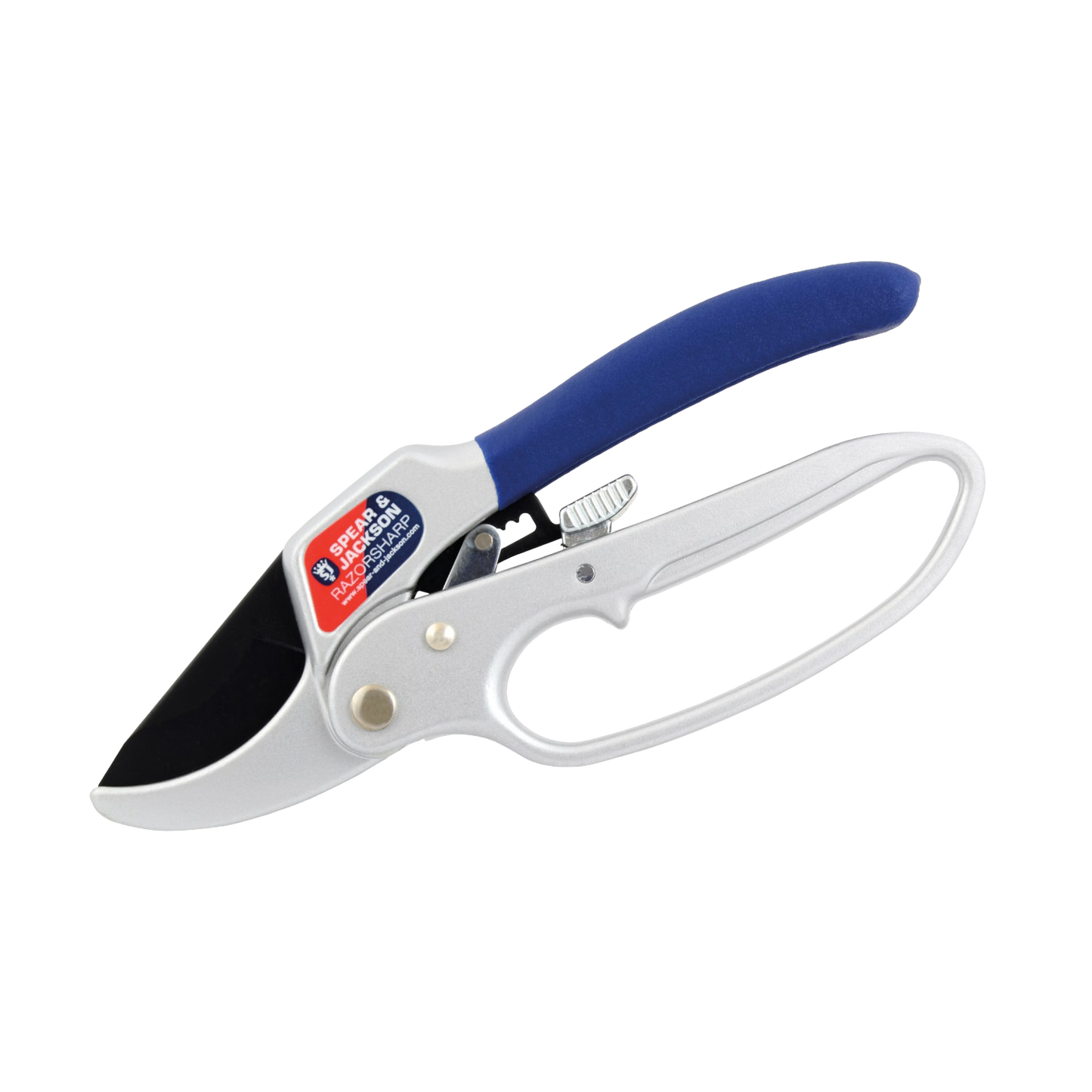 Close-up of handcrafted metal garden pruners with blue cushioned handle and ratchet cutting mechanism, designed for cutting thicker branches, featured in Farm, Garden & Tool and Lawncare collections.