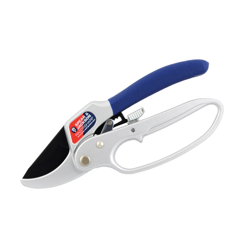 Close-up of handcrafted metal garden pruners with blue cushioned handle and ratchet cutting mechanism, designed for cutting thicker branches, featured in Farm, Garden & Tool and Lawncare collections.