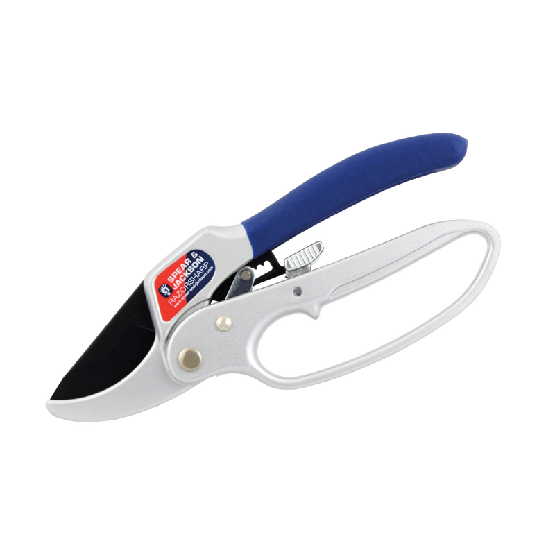 Close-up of handcrafted metal garden pruners with blue cushioned handle and ratchet cutting mechanism, designed for cutting thicker branches, featured in Farm, Garden & Tool and Lawncare collections.