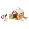 Handcrafted wooden barn toy painted red and white with brass latches and handle, featuring flocked miniature farm animals including horse, cow, pig, and goat, part of Wooden Toys and Children's Toys collections.