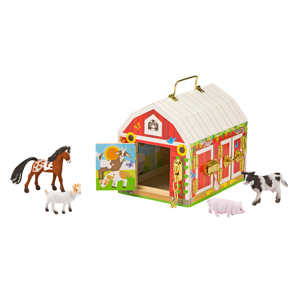 Handcrafted wooden barn toy painted red and white with brass latches and handle, featuring flocked miniature farm animals including horse, cow, pig, and goat, part of Wooden Toys and Children's Toys collections.