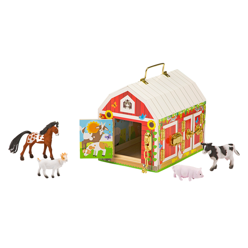 Handcrafted wooden barn toy painted red and white with brass latches and handle, featuring flocked miniature farm animals including horse, cow, pig, and goat, part of Wooden Toys and Children's Toys collections.