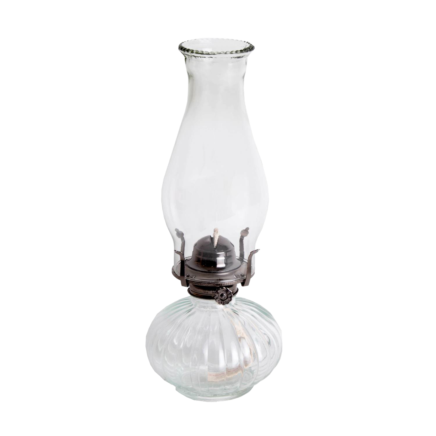 Clear glass oil lamp with a rounded base and tall chimney, designed for everyday or emergency lighting, featured in Farm, Garden & Tool and Oil Lamps collections.