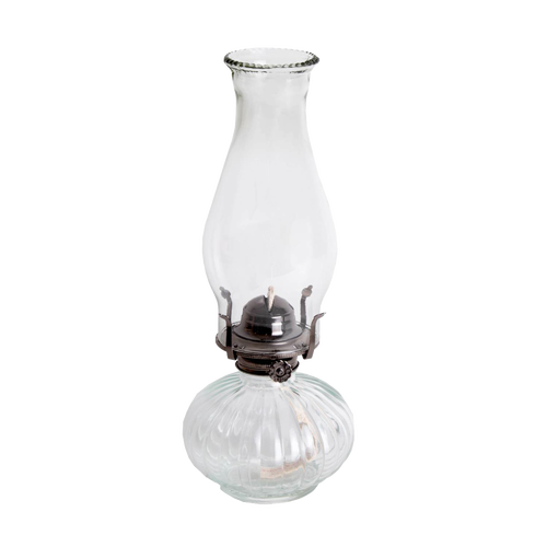 Clear glass oil lamp with a rounded base and tall chimney, designed for everyday or emergency lighting, featured in Farm, Garden & Tool and Oil Lamps collections.