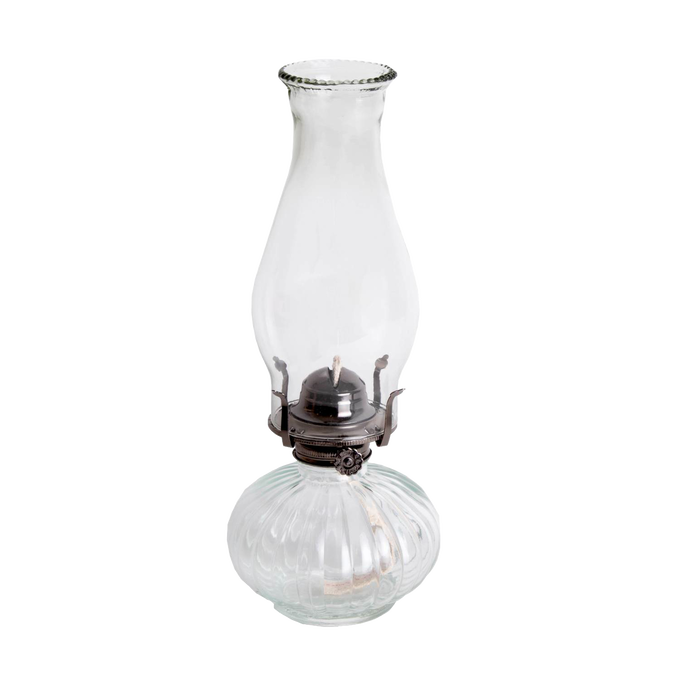 Clear glass oil lamp with a rounded base and tall chimney, designed for everyday or emergency lighting, featured in Farm, Garden & Tool and Oil Lamps collections.