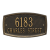 Traditional-style black address plaque with raised gold numbers and lettering, featuring a decorative border, handcrafted and made in the USA, ideal for Home & Decor and Mailboxes and Address Signs collections.