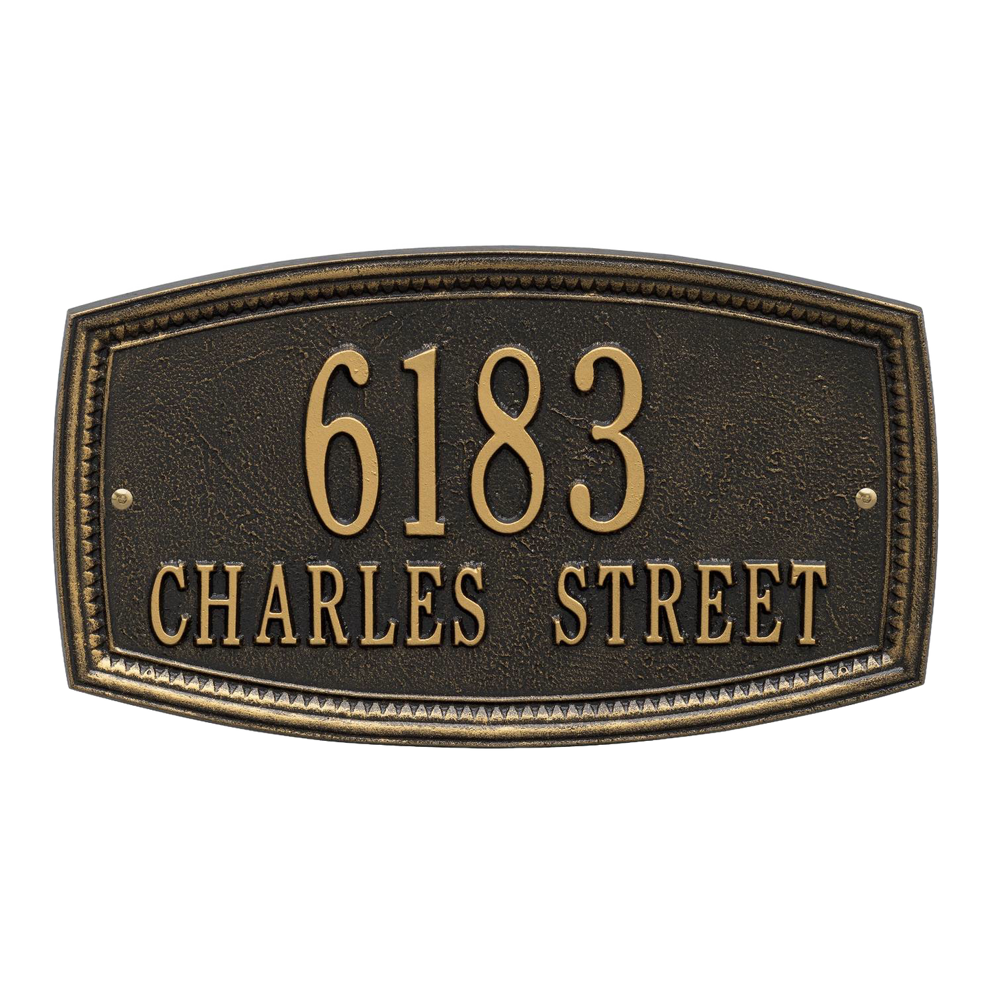 Traditional-style black address plaque with raised gold numbers and lettering, featuring a decorative border, handcrafted and made in the USA, ideal for Home & Decor and Mailboxes and Address Signs collections.
