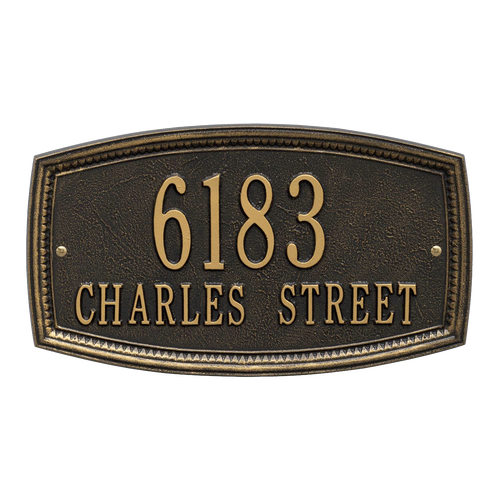Traditional-style black address plaque with raised gold numbers and lettering, featuring a decorative border, handcrafted and made in the USA, ideal for Home & Decor and Mailboxes and Address Signs collections.