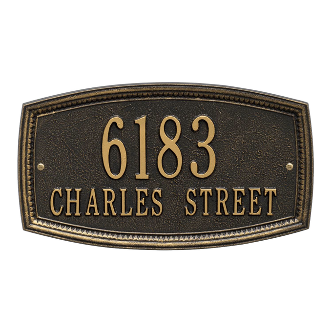 Traditional-style black address plaque with raised gold numbers and lettering, featuring a decorative border, handcrafted and made in the USA, ideal for Home & Decor and Mailboxes and Address Signs collections.