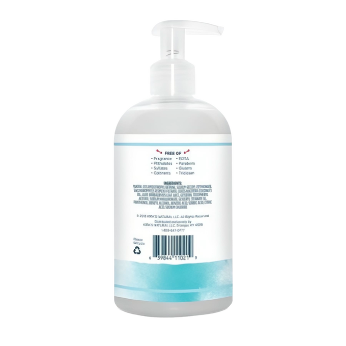 Back view of a clear pump bottle showing ingredient and product information for Kirk's Odor Neutralizing Hydrating Hand Wash, USA made, featured in Health & Wellness and Soaps collections.