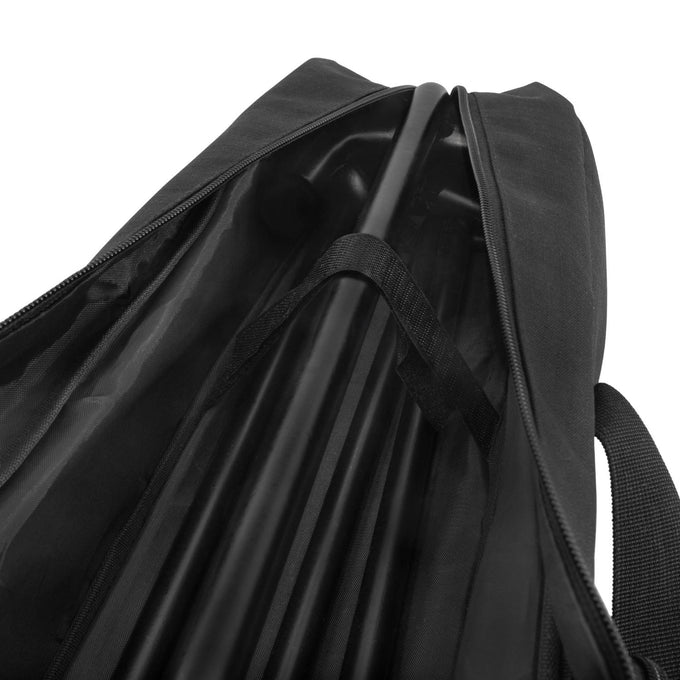 Black tear-resistant and water-repellent transport bag with zipper and handle, designed to store and protect Fire Bridge poles for camping, farm, garden, and outdoor use.