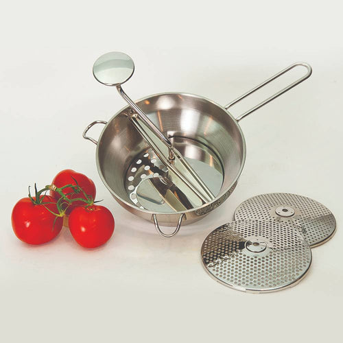 Handcrafted stainless steel food mill with long handle and three interchangeable discs, shown with fresh tomatoes, ideal for Kitchen & Food, Food Prep, Food Mills, and Best Sellers collections.