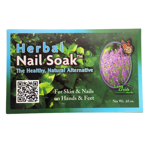 Box of herbal soak for skin and nails on hands and feet, promoting natural health remedies; made in USA and featured in Health & Wellness and Best Sellers collections.