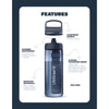 Blue reusable water bottle with a leakproof handle, covered mouthpiece, and built-in dual-stage filtration, made from recycled materials for camping and emergency supplies.