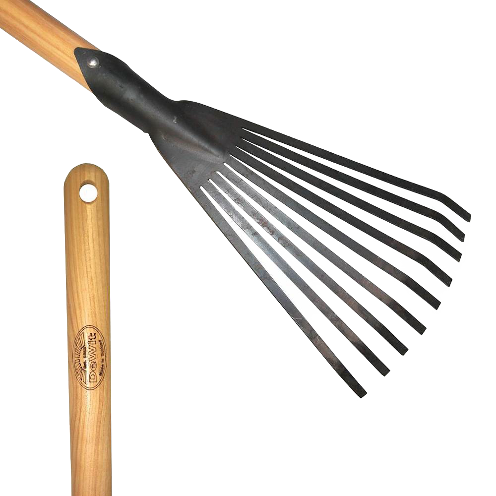Small-hand sized leaf rake with a long wooden handle and sturdy steel tines, ideal for detailed garden and lawncare tasks in farm, garden, and tool collections.