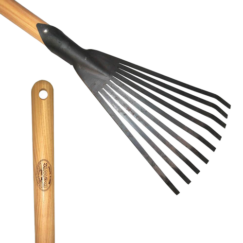 Small-hand sized leaf rake with a long wooden handle and sturdy steel tines, ideal for detailed garden and lawncare tasks in farm, garden, and tool collections.