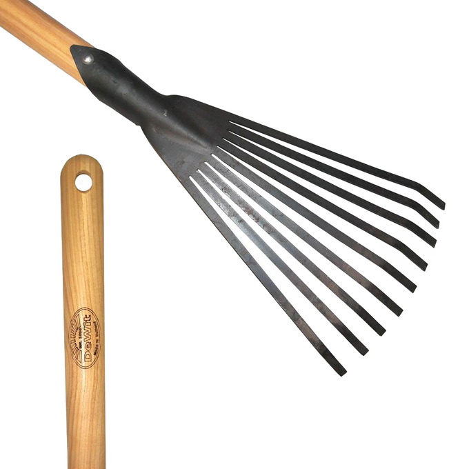 Small-hand sized leaf rake with a long wooden handle and sturdy steel tines, ideal for detailed garden and lawncare tasks in farm, garden, and tool collections.